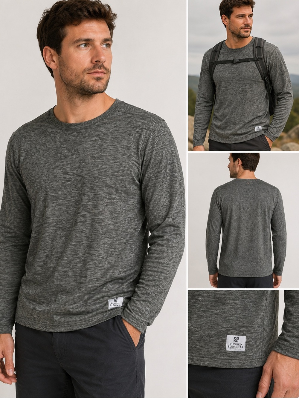 Men's Long-Sleeve Heathered Gray Crewneck Shirt